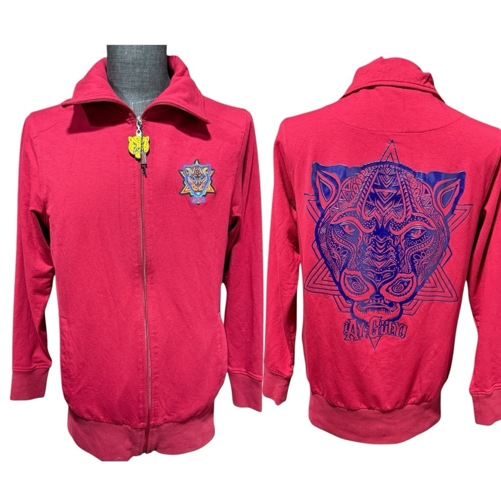 Ay Guey Mexican Red Zip Up Sweatshirt Sz Large Cholo Y2K Jaguar Latino Graphic